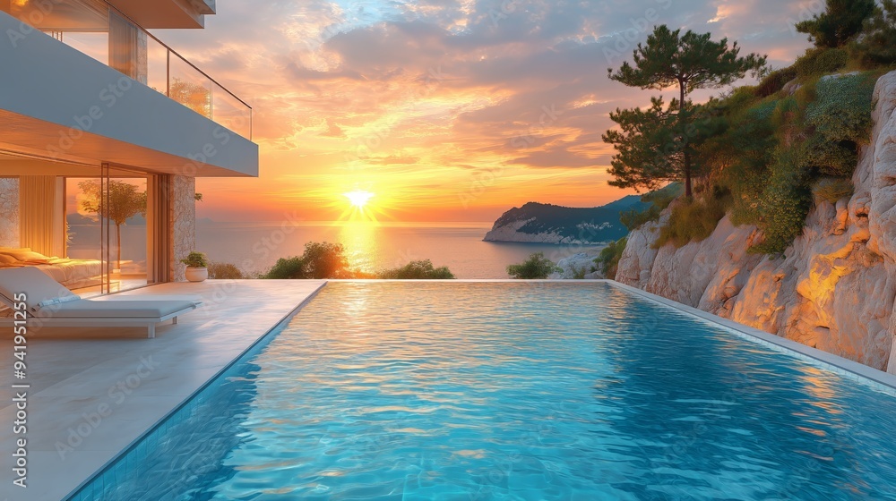 Fototapeta premium A breathtaking view of a luxury infinity pool by the sea at sunset, with a modern villa and tranquil natural surroundings enhancing the serene atmosphere