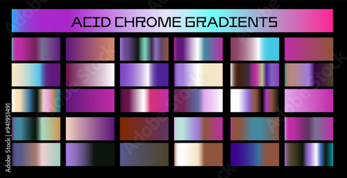 Chrome gradients of holographic colors for vector art and design. Retrowave style palette.