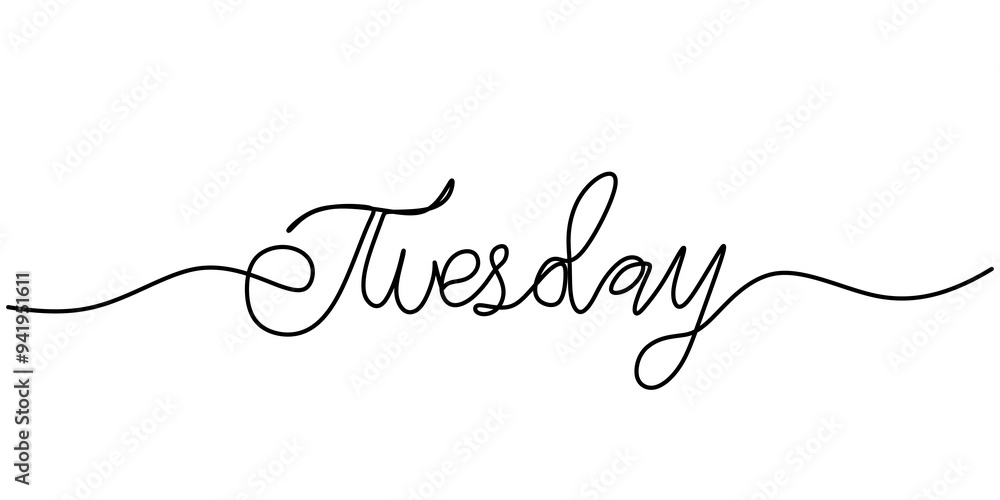 Tuesday word in minimalist line art. Handwritten phrase illustration. Tuesday word in minimalist line art. Handwritten phrase illustration.