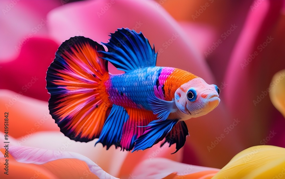 Fototapeta premium Create a close-up, vibrant, and colorful image of a betta with intricate skin details. The betta should have a mix of bright blue, pink, and orange hues, with expressive, bulging eyes staring 