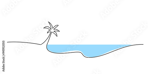 Abstract tropical landscape continuous one line art with mountains, sea, coconut and palm tree