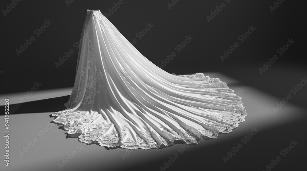 Elegant white wedding dress with a long train and lace detailing. The dress is draped on a gray surface, creating soft folds and a delicate flow. Elegant white wedding dress with a long train and lace detailing. The dress is draped on a gray surface, creating soft folds and a delicate flow.