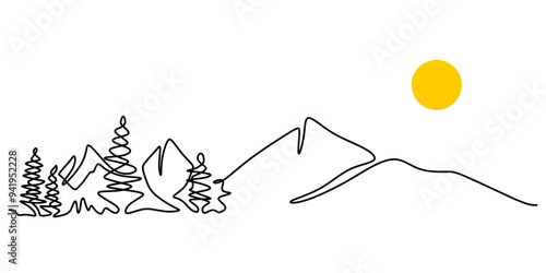 Mountains landscape one line drawing. Simple line mountain and coniferous trees. Minimalistic graphics.