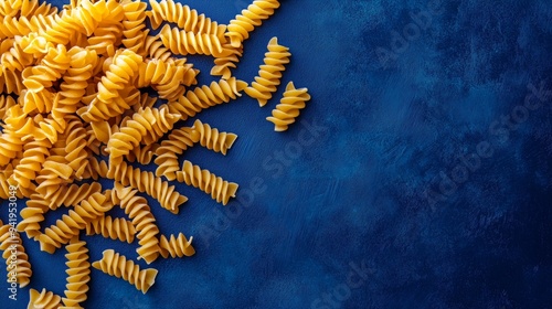 Wheat macaroni spirals arranged against a blue backdrop, showcasing texture and inviting appreciation. photo