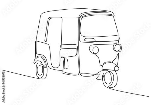 Tuk Tuk One Line Drawing. Simple vector sketch of a classic Bajaj vehicle.