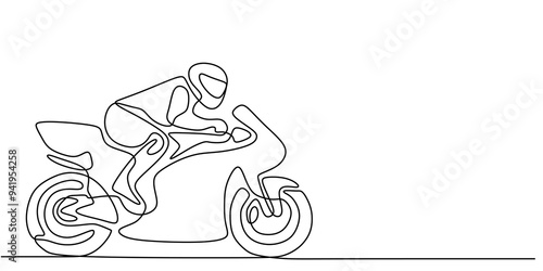 Motorcycle Rider One Line Art. Minimalist continuous line drawing of a biker, ideal for sport themes.