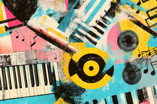 Grunge style background with various musical instruments and vinyl records. Contemporary art collage