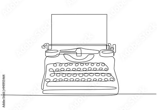 Single Line Drawing of a Retro Typewriter - Minimalist Illustration Isolated on White.