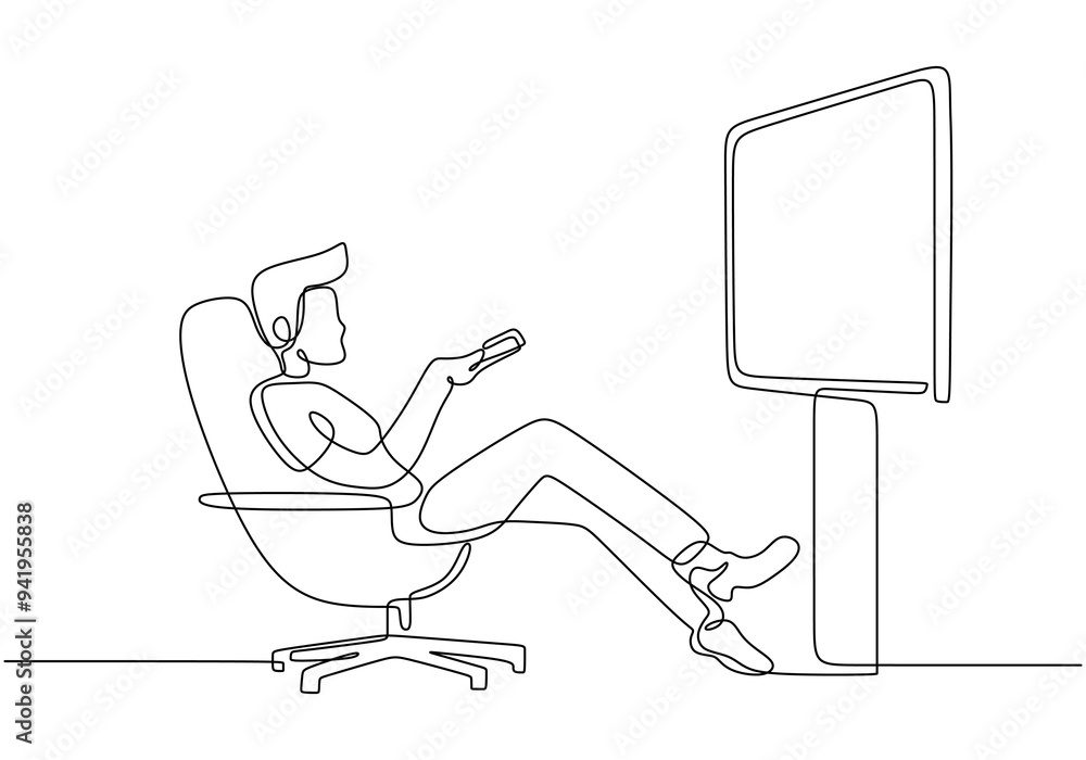 Minimalist Line Art of Man Watching TV. Continuous Line Drawing. Minimalist Line Art of Man Watching TV. Continuous Line Drawing.