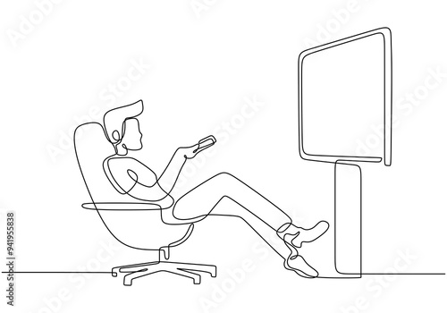 Minimalist Line Art of Man Watching TV. Continuous Line Drawing.