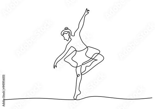 Linear Ballet Dancer Art. Continuous Line Drawing on White Background.