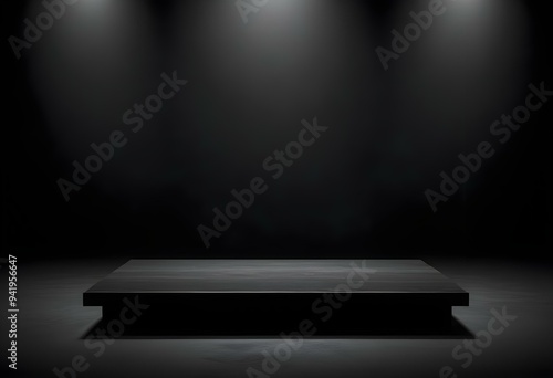 A dark background with a shining on an empty black platform or stage 