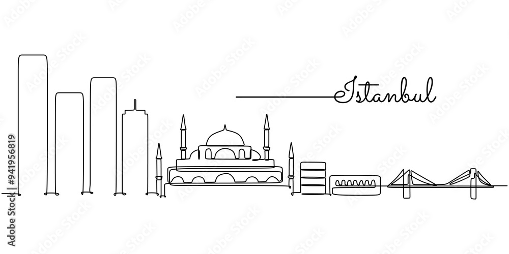 Fototapeta premium Continuous one single line drawing of istanbul Turkey skyline. Minimalist design vector illustration
