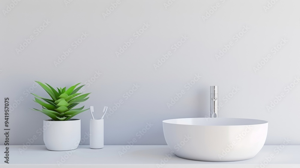 Fototapeta premium A white bathroom with a large bathtub and a potted plant