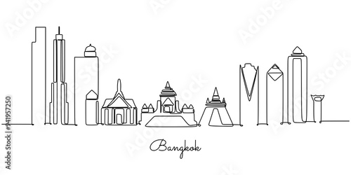 One single line drawing of Bangkok city skyline, Thailand. Historical town landscape illustration.