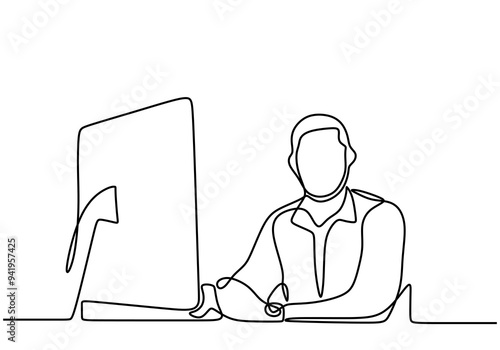 One Line Drawing of Man Working on Computer. Minimalist Business Art.