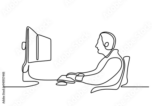 Continuous Line Drawing of Man Using Computer. Business Illustration.