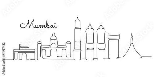 Mumbai India skyline continuous line drawing. Building and architecture concept in minimalist design