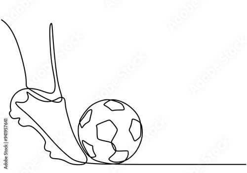 Line Drawing of Foot Kicking Soccer Ball. Continuous Sports Art.