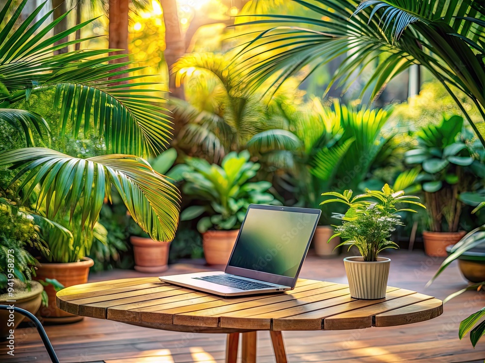 Fototapeta premium Tropical Laptop Oasis: A relaxed and vibrant workspace with tropical elements, where laptops enhance creativity and productivity.