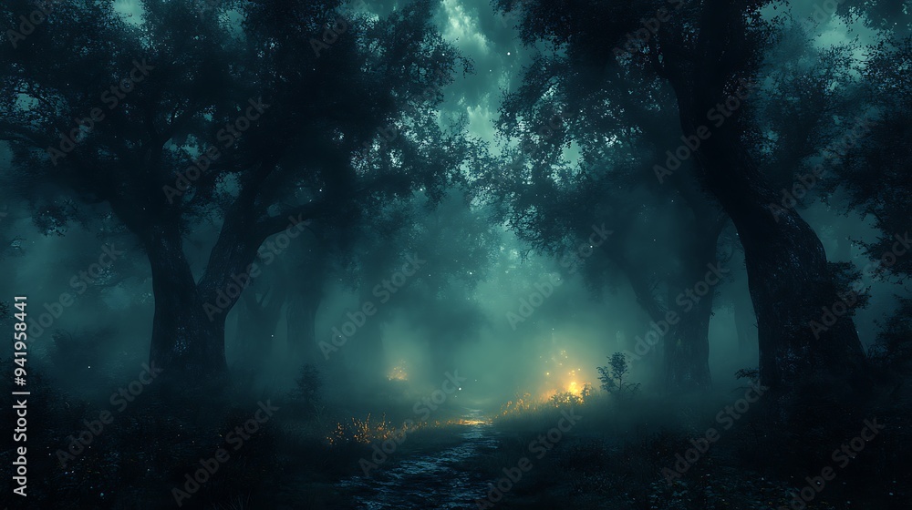 A mysterious path through a dense, fog-filled forest at night, illuminated by a faint light in the distance. A mysterious path through a dense, fog-filled forest at night, illuminated by a faint light in the distance.