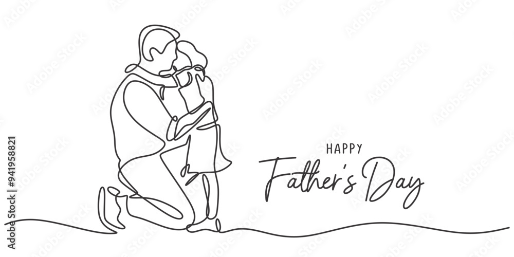Obraz premium Father and child hugging, minimalist one line art, vector on white.