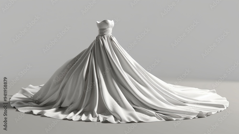 A white strapless ball gown with a flowing skirt, laying on a light grey background.