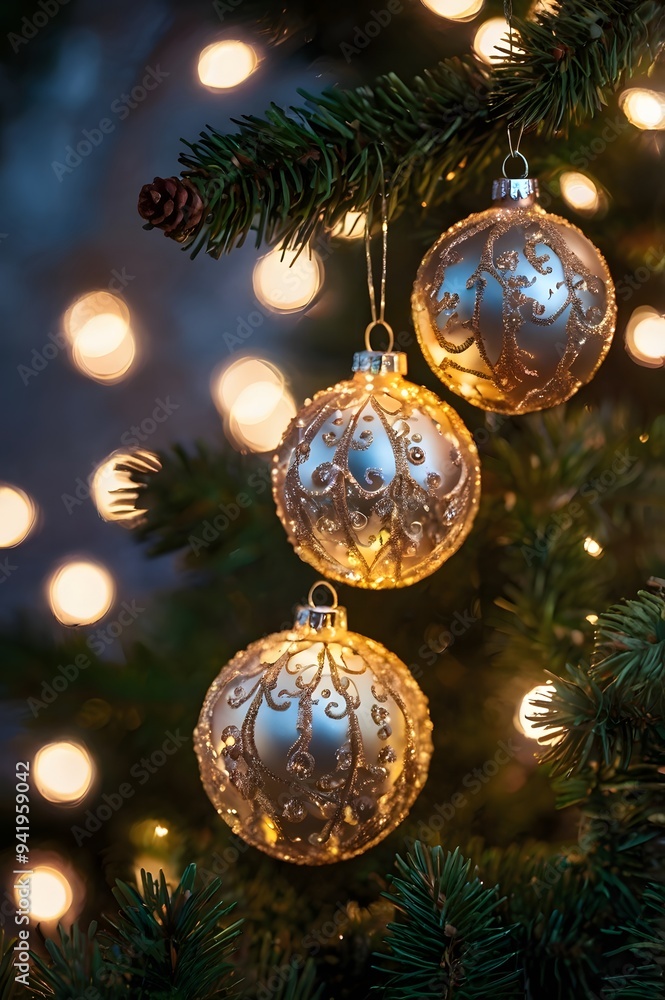 Close-up of Christmas Ornaments with Twinkling Lights Close-up of Christmas Ornaments with Twinkling Lights