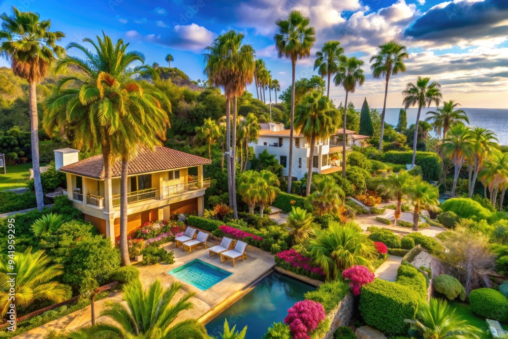 Fototapeta premium Tropical Oasis: Malibu homes surrounded by lush greenery, featuring outdoor living spaces, palm trees, and vibrant colors.