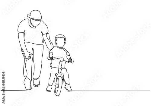 Father and son biking together, continuous line art, vector on white.