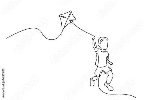 Child with kite on a sunny day, one line drawing, joyful moment, vector illustration.