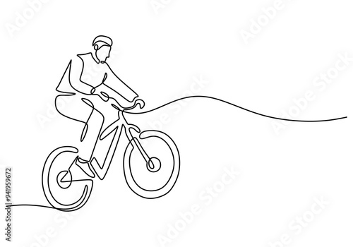 Urban cyclist riding, minimalist line art, bike in motion, vector on white.