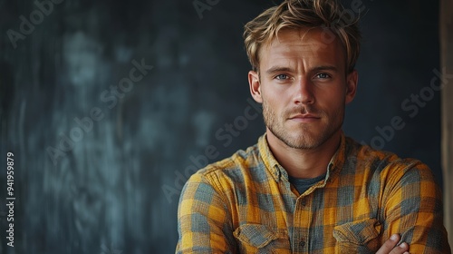 Full-height portrait of a man with a prominent jawline, standing confidently against a neutral background, highlighting his unique facial features and strong presence. photo