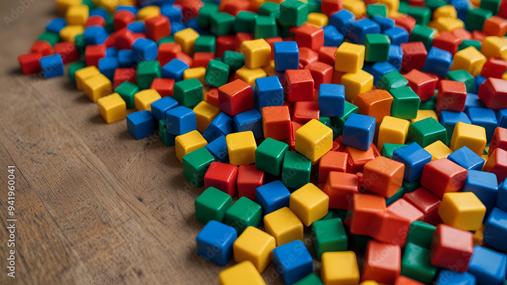 Closeup of colorful plastic building blocks piled on nursery classroom floor Closeup of colorful plastic building blocks piled on nursery classroom floor