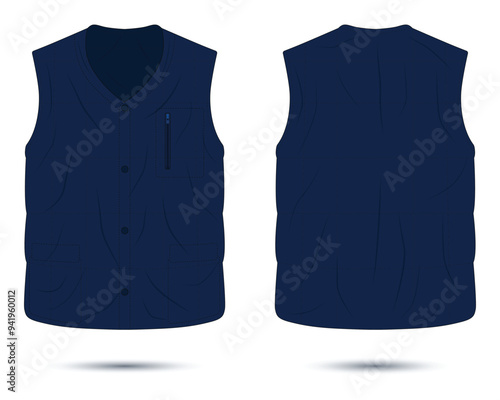 Dark blue vest mockup front and back view, vector illustration