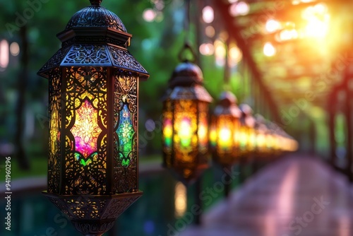 Colorful lanterns illuminating a tranquil garden path at sunset