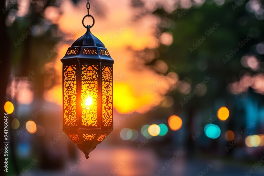 Lantern glowing warmly at sunset in a tranquil park with blurred street lights Lantern glowing warmly at sunset in a tranquil park with blurred street lights