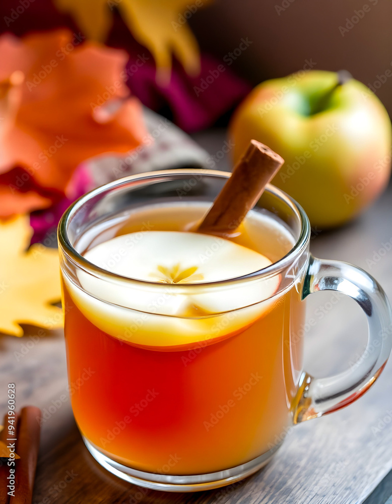A cup of hot cider with a cinnamon stick and a slice of apple, exuding warmth and autumn flavors. The inviting drink is perfect for cozy gatherings and seasonal enjoyment. A cup of hot cider with a cinnamon stick and a slice of apple, exuding warmth and autumn flavors. The inviting drink is perfect for cozy gatherings and seasonal enjoyment.