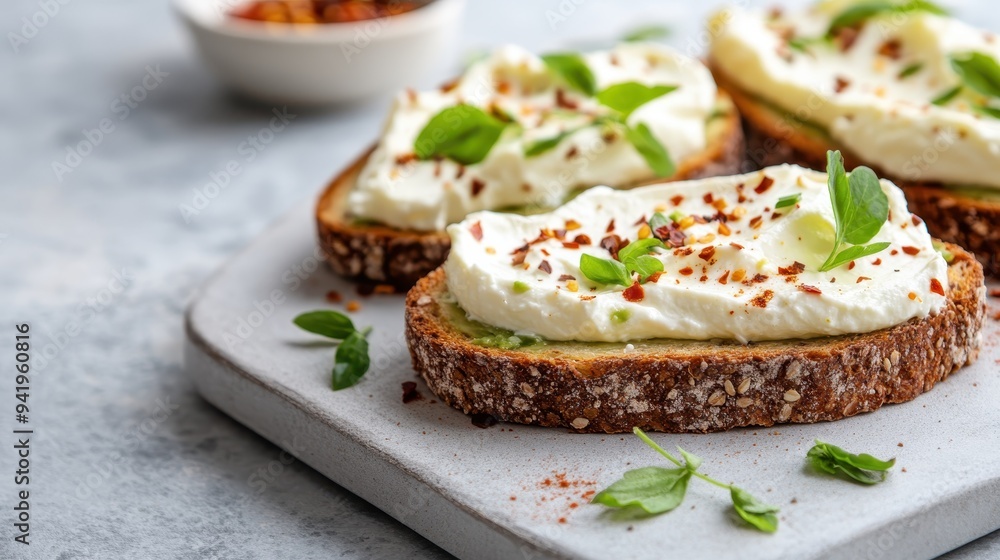 A close-up shot of a delightful toast topped with smooth cream cheese garnished with fresh basil leaves and sprinkled with red pepper flakes, perfect for breakfast lovers. A close-up shot of a delightful toast topped with smooth cream cheese garnished with fresh basil leaves and sprinkled with red pepper flakes, perfect for breakfast lovers.