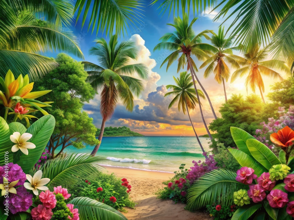 Fototapeta premium Tropical Paradise: Palm trees, exotic flowers, beachy vibes, vibrant green, serene