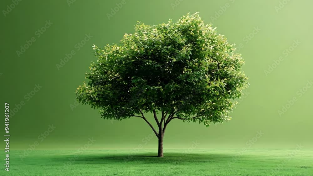 Lone Tree on Grassy Field with Vibrant Green Background Evoking Serenity and Tranquility