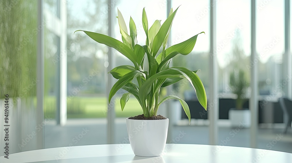 A modern office kitchen features a white tabletop and a potted plant, with large windows inviting natural light into the break area for employees to enjoy during their workday A modern office kitchen features a white tabletop and a potted plant, with large windows inviting natural light into the break area for employees to enjoy during their workday