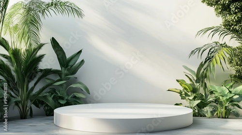 3D platform podium with nature background for product presentation.