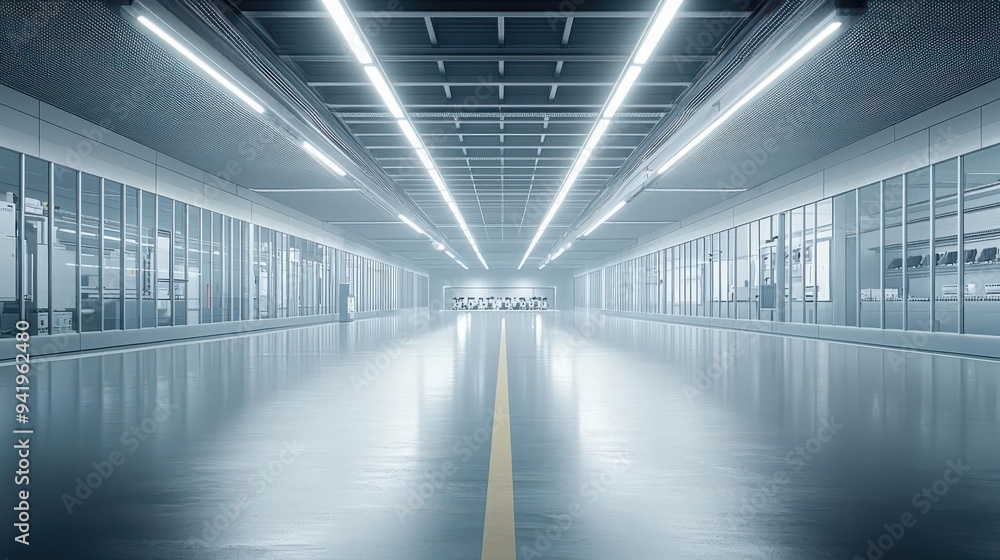 A modern, spacious industrial interior featuring sleek lines and bright lighting, perfect for showcasing innovation and design A modern, spacious industrial interior featuring sleek lines and bright lighting, perfect for showcasing innovation and design