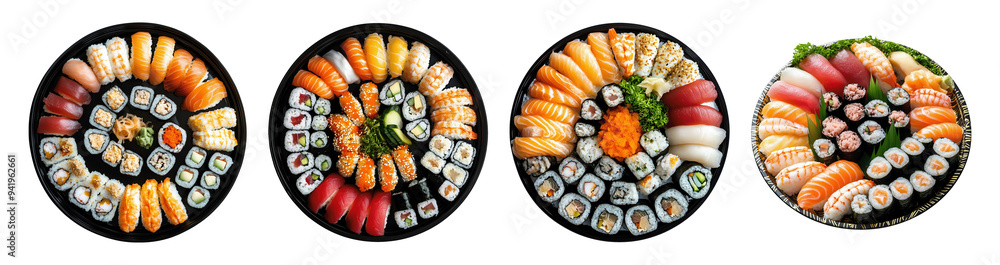 Collection set of sushi platters with assorted rolls isolated on transparent or white background Collection set of sushi platters with assorted rolls isolated on transparent or white background