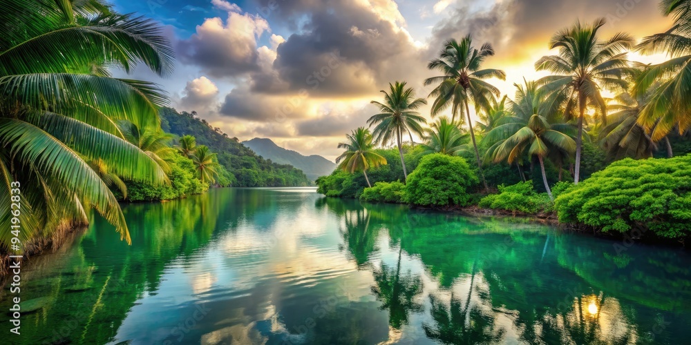 Obraz premium Tropical Tranquility: Serene, Warm, Atmospheric Perspective, Lush Greens, Tranquil Waters