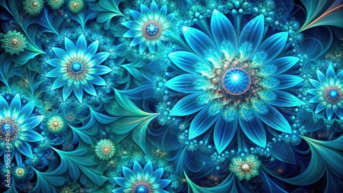 Turquoise Fractal Eden: Fractal patterns and blue flowers intertwine, evoking a sense of digital surrealism and ethereal beauty.