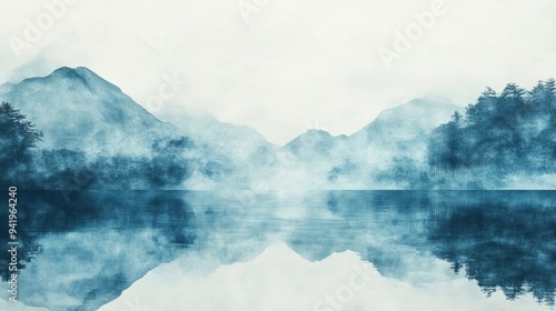 Serene landscape with misty blue mountains reflecting in calm water, evoking tranquility and natural beauty, watercolor style