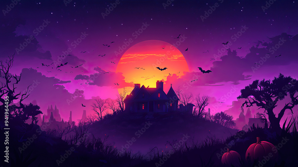 Spooky Halloween night with a haunted house, full moon, and flying bats under a purple sky. Perfect for holiday themes and seasonal promotions.