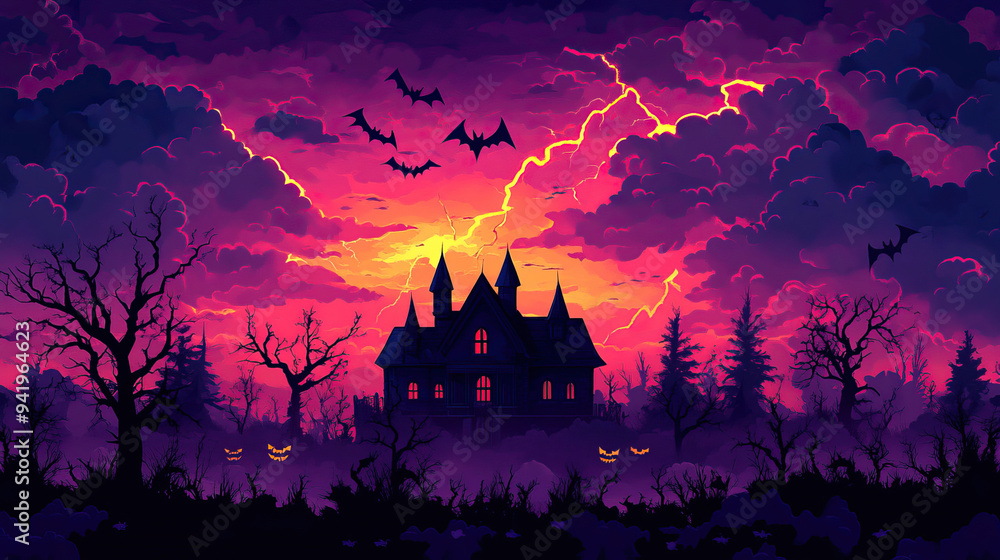 Spooky haunted house with bats and lightning in the night sky, perfect for Halloween or horror-themed designs. Spooky haunted house with bats and lightning in the night sky, perfect for Halloween or horror-themed designs.